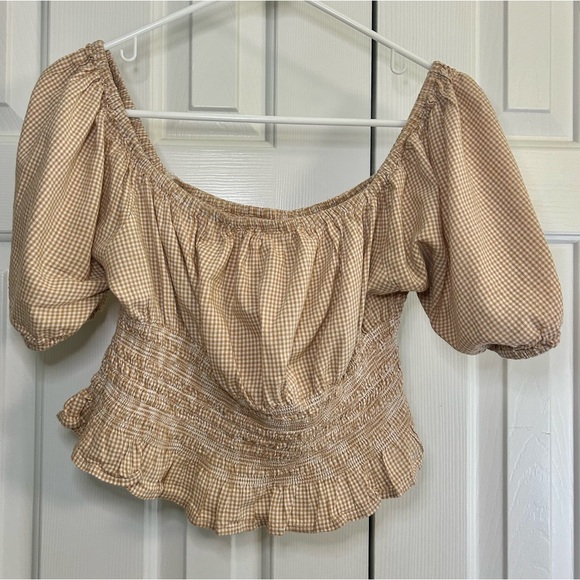 Japna Tan Check Puff Sleeve Elastic Waist Praire Cottagecore Off Shoulder Top L - Picture 1 of 14